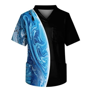 HaHaHappy Scrubs for Men Set, Stretchy Print Medical Scrubs Tops Short Sleeve T-Shirts V Neck Nurse Uniforms with Big Pocket Blue 3XL