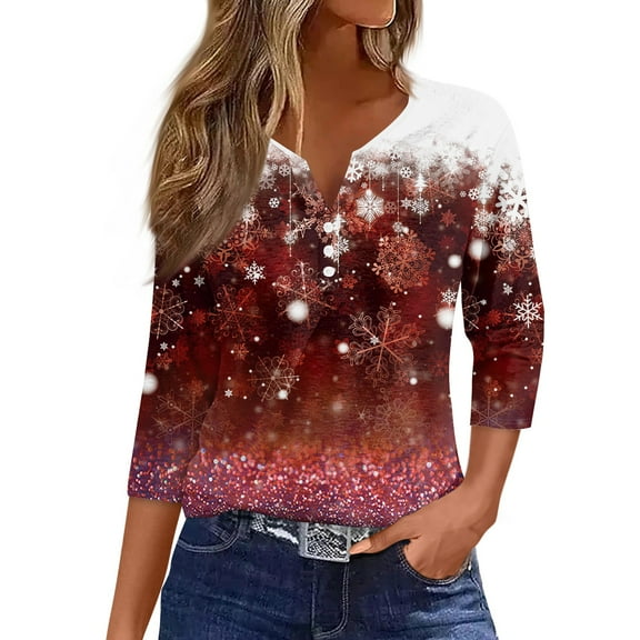 HaHaHappy Shirts Christmas Women Plus Size Casual 3/4 Sleeve Tunic Tops Christmas Snowflake Print Ugly T-Shirts V Neck Cute Three Quarter Length Pullover Party Blouses Hot Pink 2XL