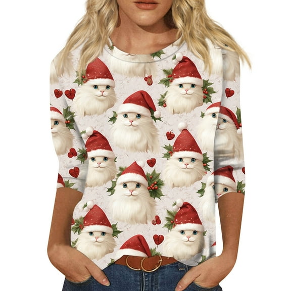 HaHaHappy Shirts Christmas Women Plus Size Dressy 3/4 Sleeve T-Shirts Xmas Santa Print Funny Tunic Tops Crew Neck Ugly Three Quarter Length Blouses Cute Pullover White XL