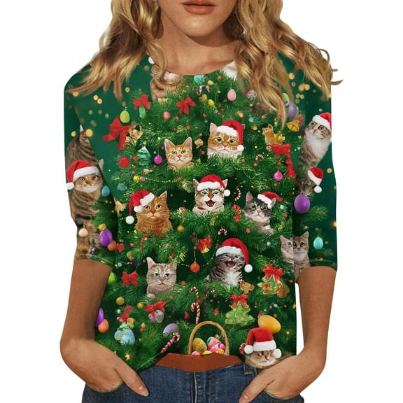 HaHaHappy Shirts Christmas Women Plus Size Funny 3/4 Sleeve T-Shirts Xmas Print Cute Tunic Tops Crew Neck Vintage Three Quarter Length Blouses Party Pullover Dark Green M