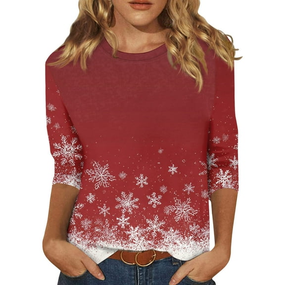 HaHaHappy Shirts Christmas Women Plus Size Funny 3/4 Sleeve T-Shirts Xmas Snowflake Print Ugly Tunic Tops Crew Neck Party Three Quarter Length Pullover Casual Blouses Hot Pink M