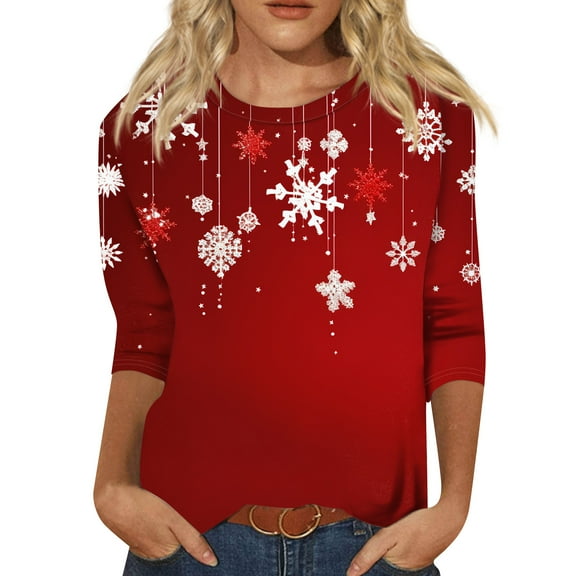 HaHaHappy Shirts Christmas Women Plus Size Ugly 3/4 Sleeve T-Shirts Xmas Snowflake Print Casual Tunic Tops Crew Neck Cute Three Quarter Length Blouses Dressy Pullover Wine S