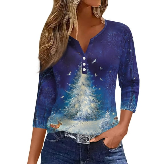 HaHaHappy Shirts Christmas Women Plus Size Vintage 3/4 Sleeve T-Shirts Christmas Tree Print Ugly Tunic Tops V Neck Party Three Quarter Length Pullover Casual Blouses Royal Blue 2XL