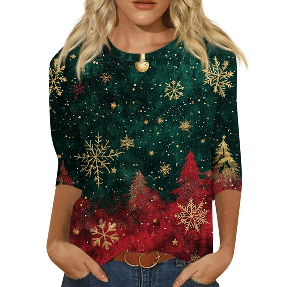 HaHaHappy Shirts Christmas Women Plus Size Vintage 3/4 Sleeve Tunic Tops Xmas Tree Print Cute T-Shirts Crew Neck Funny Three Quarter Length Pullover Party Blouses Green 3XL