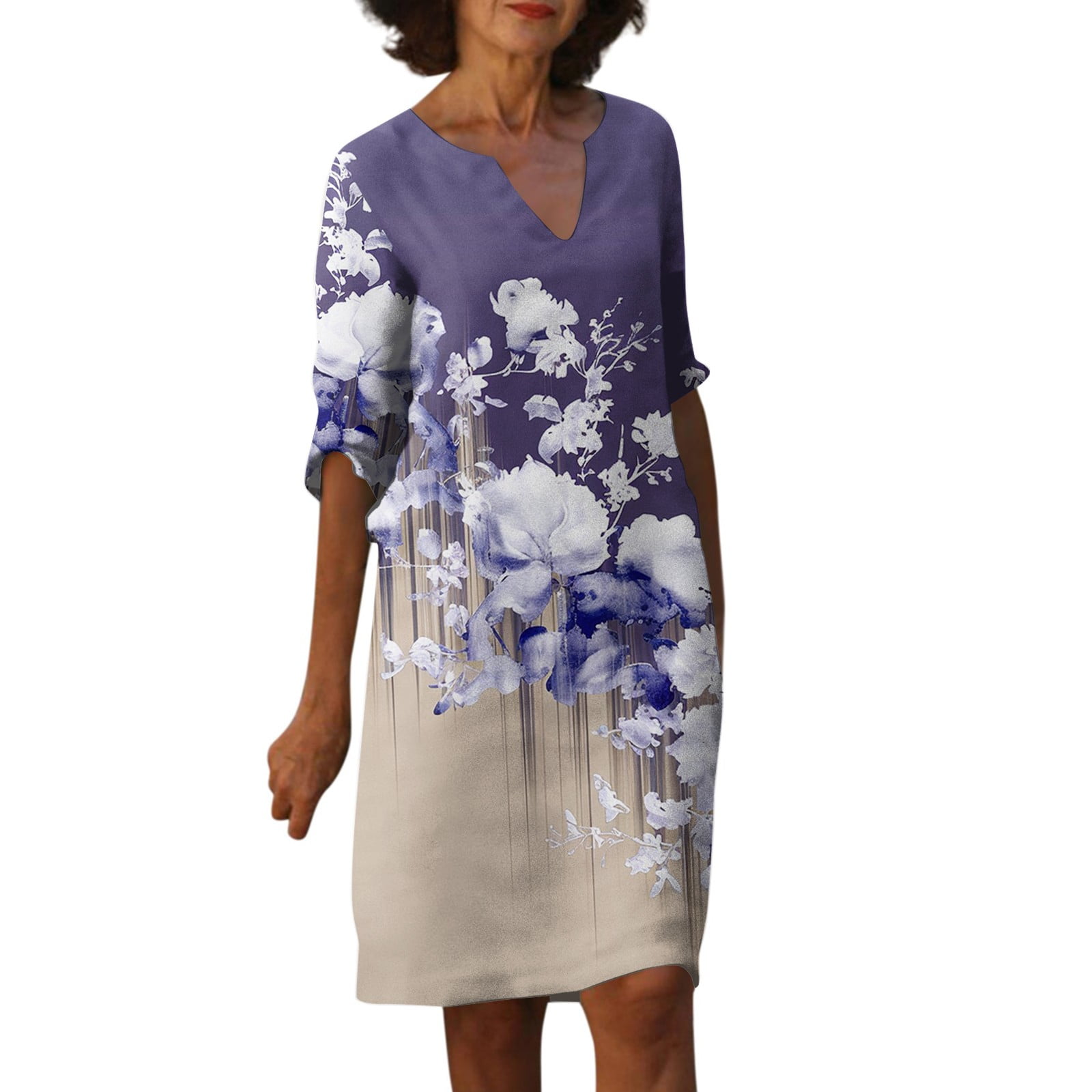 HaHaHappy Summer Dresses for Women a Line Knee Length 3/4 Sleeve V Neck