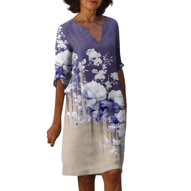 HaHaHappy Summer Dresses for Women a Line Knee Length 3/4 Sleeve V Neck