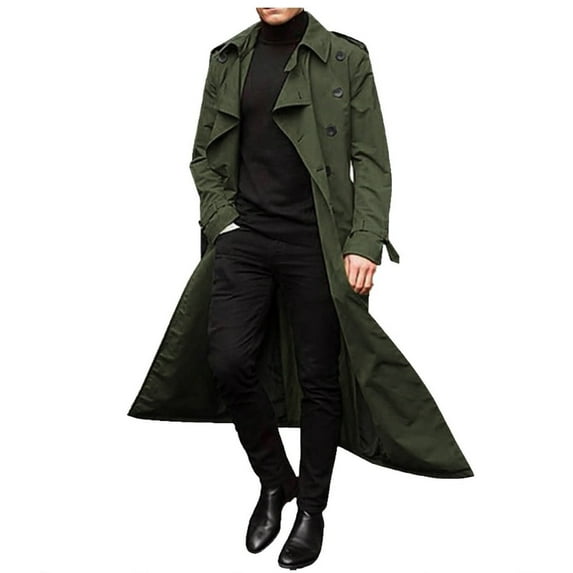 HaHaHappy Trench Coat Men Winter Slim Coat Trench Lapel Long Jacket Double Breasted Belted Overcoat Soft Elegant Windbreaker Army Green S