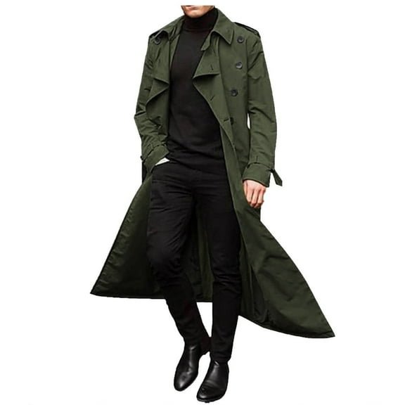 HaHaHappy Trench Coat Men Winter Slim Coat Trench Lapel Long Jacket Double Breasted Belted Overcoat Soft Elegant Windbreaker Army Green XL