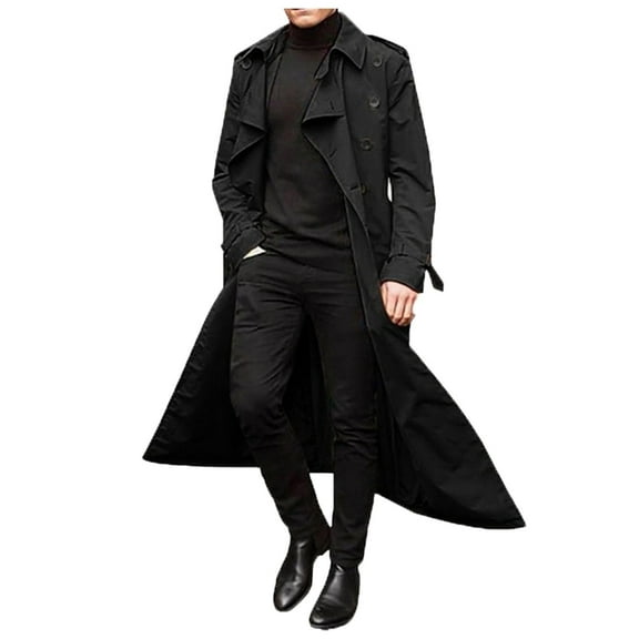 HaHaHappy Trench Coat Men Winter Slim Coat Trench Lapel Long Jacket Double Breasted Belted Overcoat Soft Elegant Windbreaker Black XL