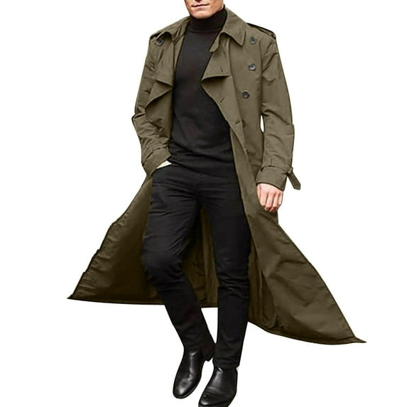 HaHaHappy Trench Coat Men Winter Slim Coat Trench Lapel Long Jacket Double Breasted Belted Overcoat Soft Elegant Windbreaker Light Green M