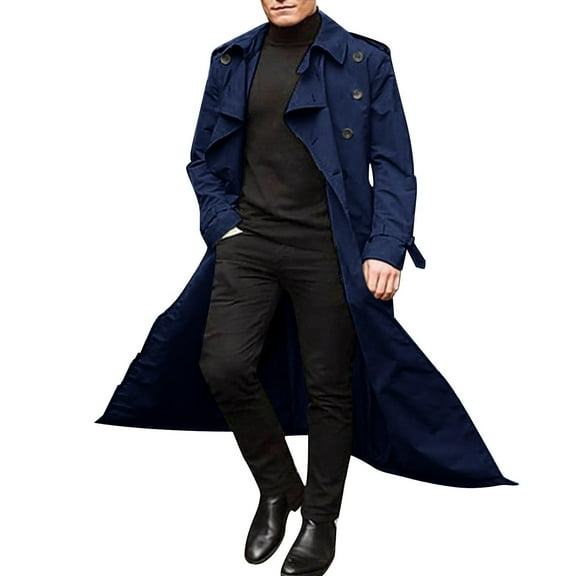 HaHaHappy Trench Coat Men Winter Slim Coat Trench Lapel Long Jacket Double Breasted Belted Overcoat Soft Elegant Windbreaker Navy L