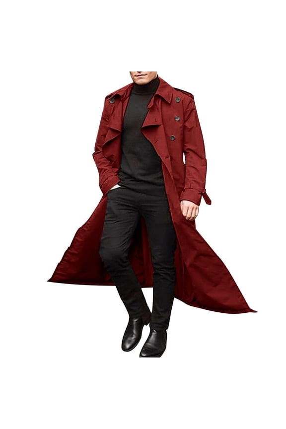 Trench Coat Men Winter Slim Coat Trench Lapel Long Jacket Double Breasted Belted Overcoat Soft Elegant Windbreaker Red XL