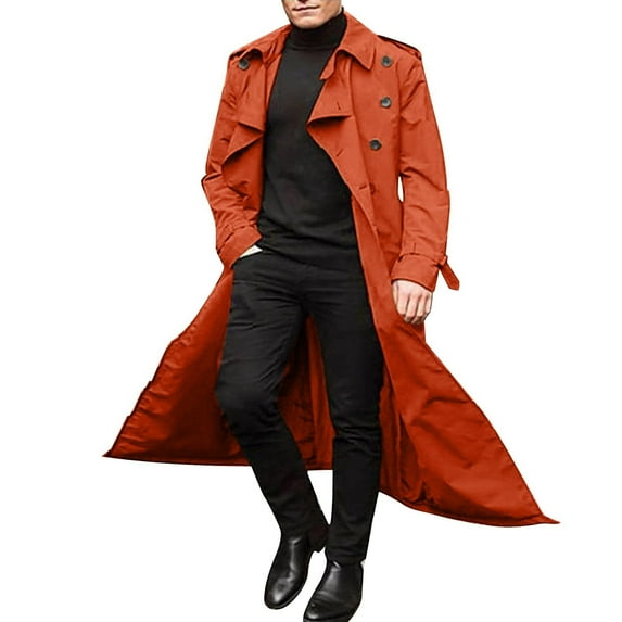 HaHaHappy Trench Coat Men Winter Slim Coat Trench Lapel Long Jacket Double Breasted Belted Overcoat Soft Elegant Windbreaker Saffron S