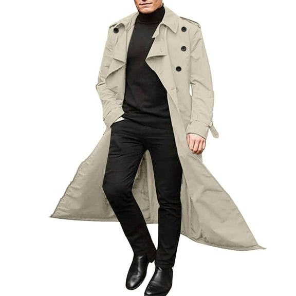 HaHaHappy Trench Coat Men Winter Slim Coat Trench Lapel Long Jacket Double Breasted Belted Overcoat Soft Elegant Windbreaker White XL