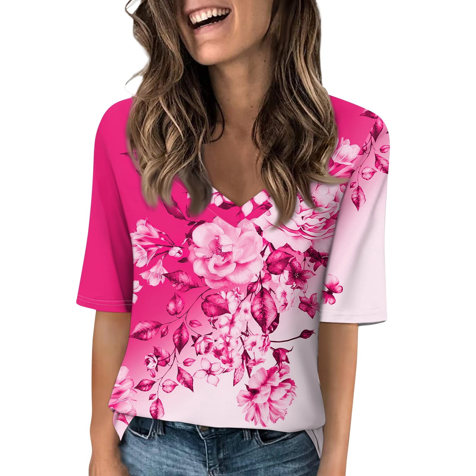 HaHaHappy V Neck T Shirts Women Short Sleeve Boho Tops 2024 Blouses for