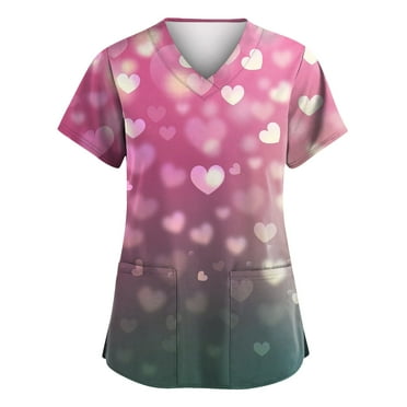 HaHaHappy Valentine's Day Scrub Tops Women Red Pink Heart V Neck Nursing Uniforms Soft Scrub with Pocket Light Gray 3XL
