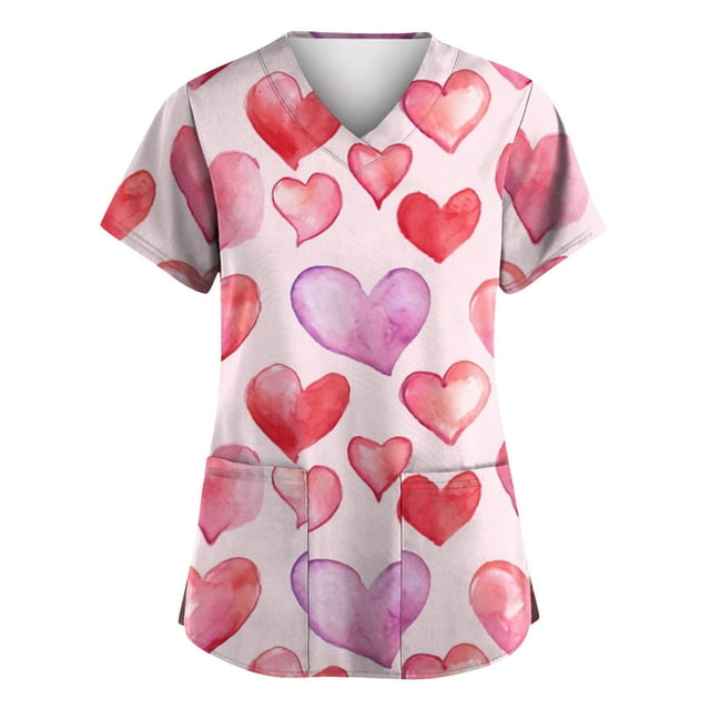 HaHaHappy Valentine's Day Scrub Tops Women V Neck Red Pink Heart Workwear Uniforms Soft Scrub with Pocket Pink 3XL