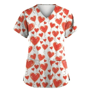 HaHaHappy Valentine's Day Womens Scrub Tops Red Pink Heart V Neck Medical Workwear Soft Scrub with Pocket Orange S