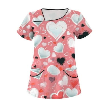 HaHaHappy Valentine's Day Womens Scrub Tops V Neck Red Pink Heart Uniforms Nurse Soft Scrub with Pocket Watermelon Red 2XL