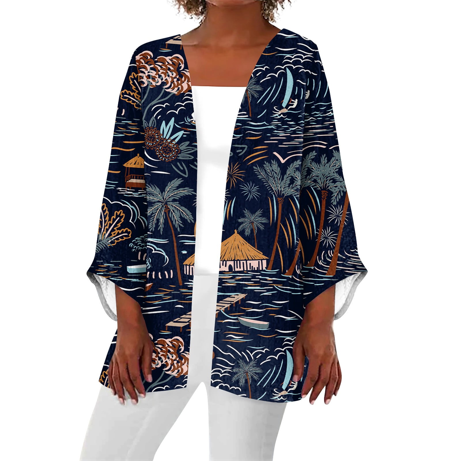 HaHaHappy White 3/4 Sleeve Top Bohemia Flower Summer Button Down Shirts