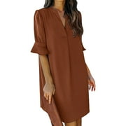 HaHaHappy Women 2024 Casual Mini Dresses Ruffled Short Sleeve V Neck Shift Dress Half Sleeve Summer Formal Dresses Brown S