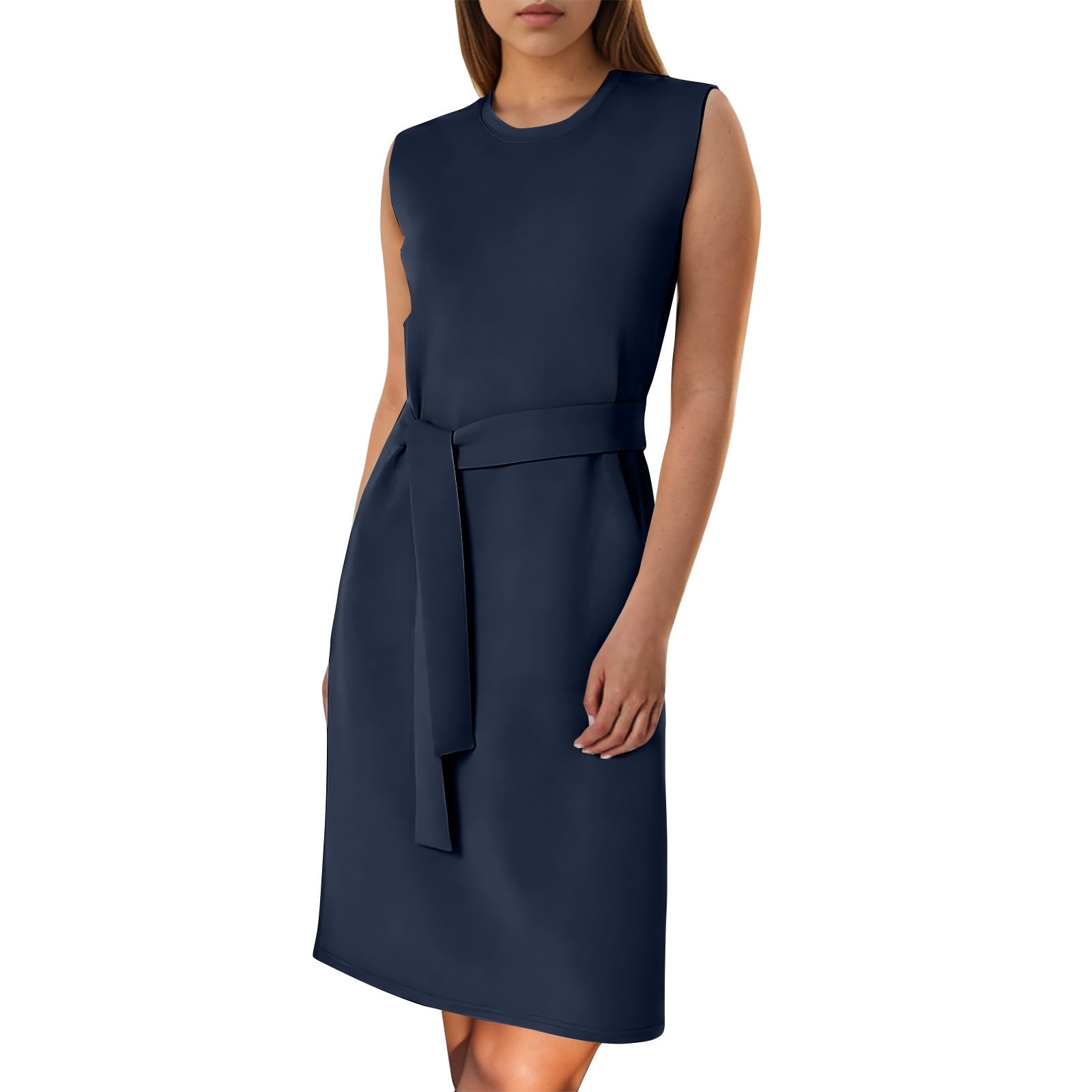 HaHaHappy Women Air Essentials Tie Waist Tank Dress Summer Sleeveless Midi  Dresses Casual Split Pencil Dress with Pockets Navy XL - Walmart.com