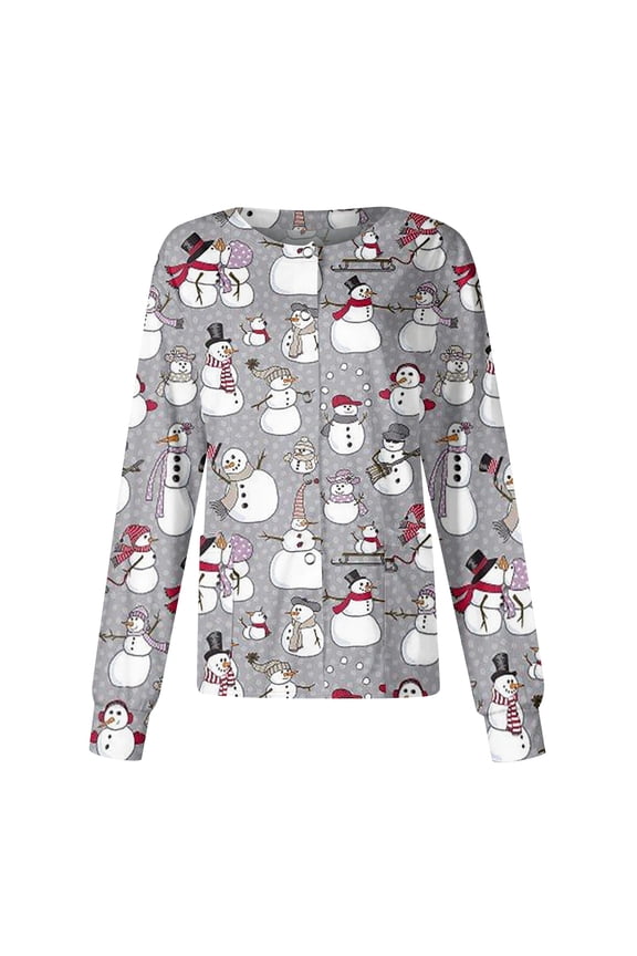 Women Christmas Scrub Jacket Plus Size Long Sleeve Ugly Snowman Print Scrub Tops Dressy Snap Front Funny Scrubs Cute Nurse Uniform Medical Nursing Workwear with Pocket Gray L