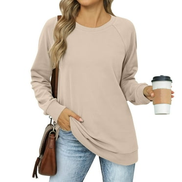 HaHaHappy Women Long Sleeve Shirts Tops Fall Tunic Causal Fashion Round Neck Basic Tee Khaki S