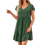 HaHaHappy Women V Neck Flowy Babydoll Dresses 2024 Summer Short Sleeve Swing Shift Loose Casual Summer Mini Tunic Dress Army Green M