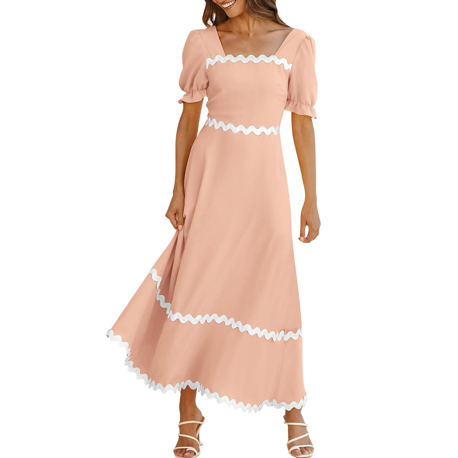 Dress Women Summer Square Neck Short Puff Sleeve Shirred Casual Plaid Dress Midi Dress With Slit Dresses For Women Sundress