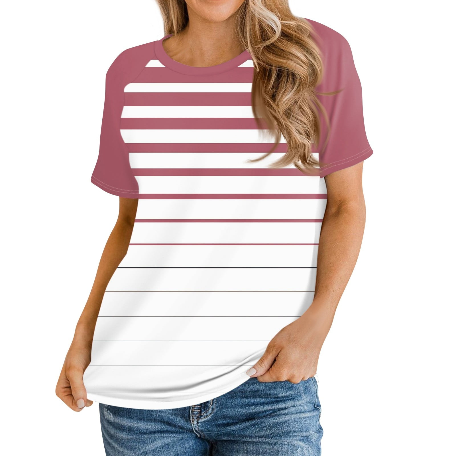 HaHaHappy Women's Button Striped V Neck Short Sleeve T Shirt Casual Tee