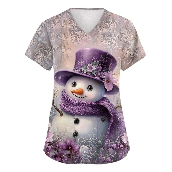 HaHaHappy Women's Christmas Scrubs Plus Size Short Sleeve Dressy Snowman Print Scrub Shirts Casual V Neck Ugly Scrub Tops Nursing Workwear Nurse Medical Uniform with Pocket Purple S