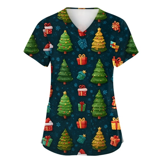 HaHaHappy Women's Christmas Scrubs Plus Size Short Sleeve Funny Christmas Print Scrub Tops Ugly V Neck Casual Scrub Shirts Medical Uniform Nurse Nursing Workwear with Pocket Dark Green XL
