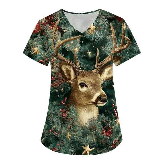 HaHaHappy Women's Christmas Scrubs Plus Size Short Sleeve Funny Deer Print Scrub Shirts Dressy V Neck Ugly Scrub Tops Nursing Workwear Nurse Medical Uniform with Pocket Dark Green 3XL