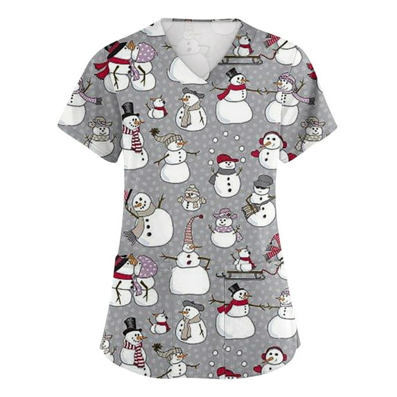 HaHaHappy Women's Christmas Scrubs Plus Size Short Sleeve Ugly Snowman Print Scrub Tops Casual V Neck Cute Scrub Shirts Nursing Workwear Medical Nurse Uniform with Pocket Light Gray L