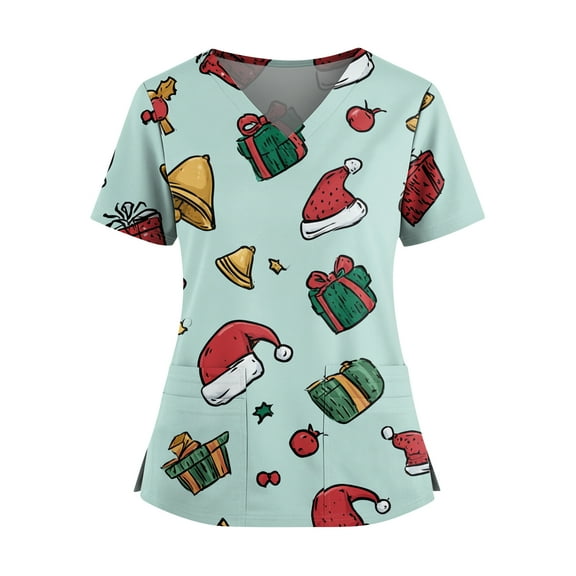 HaHaHappy Women's Christmas Scrubs Plus Size V Neck Cute Christmas Print Scrub Shirts Casual Short Sleeve Ugly Scrub Tops Medical Uniform Nursing Nurse Workwear with Pocket Light Blue 4XL