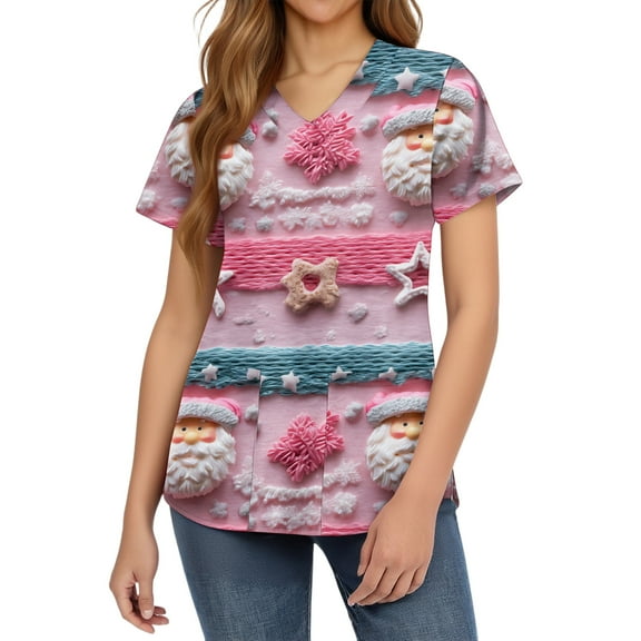 HaHaHappy Women's Christmas Scrubs Plus Size V Neck Dressy Christmas Santa Print Scrub Shirts Cute Short Sleeve Funny Scrub Tops Nurse Uniform Nursing Medical Workwear with Pocket Pink 3XL