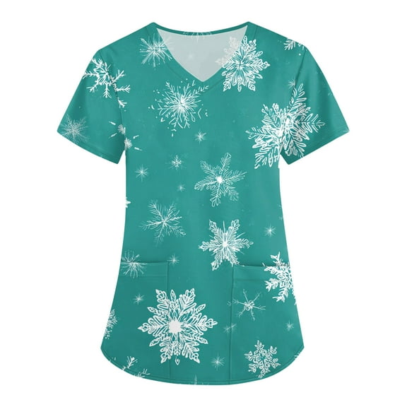 HaHaHappy Women's Christmas Scrubs Plus Size V Neck Dressy Snowflake Print Scrub Tops Ugly Short Sleeve Cute Scrub Shirts Nurse Workwear Medical Nursing Uniform with Pocket Cyan 3XL