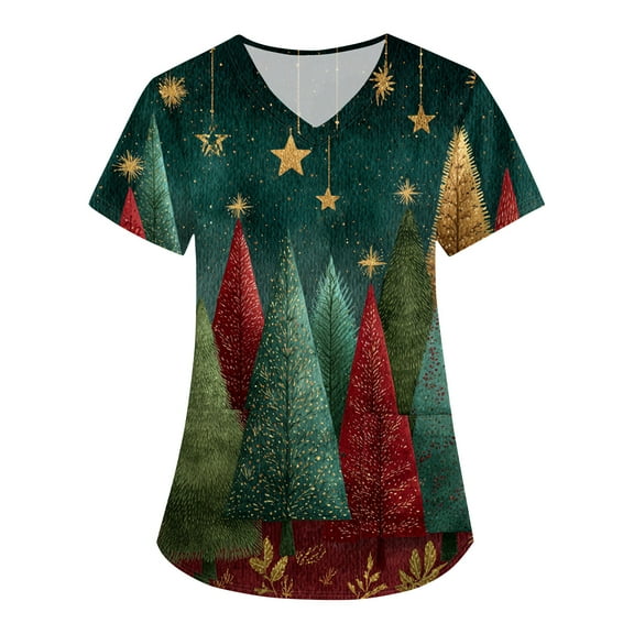 HaHaHappy Women's Christmas Scrubs Plus Size V Neck Funny Christmas Tree Print Scrub Shirts Ugly Short Sleeve Cute Scrub Tops Nursing Workwear Medical Nurse Uniform with Pocket Army Green 2XL