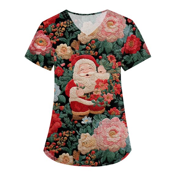 HaHaHappy Women's Christmas Scrubs Plus Size V Neck Ugly Christmas Santa Print Scrub Shirts Casual Short Sleeve Cute Scrub Tops Medical Workwear Nurse Nursing Uniform with Pocket Watermelon Red XL