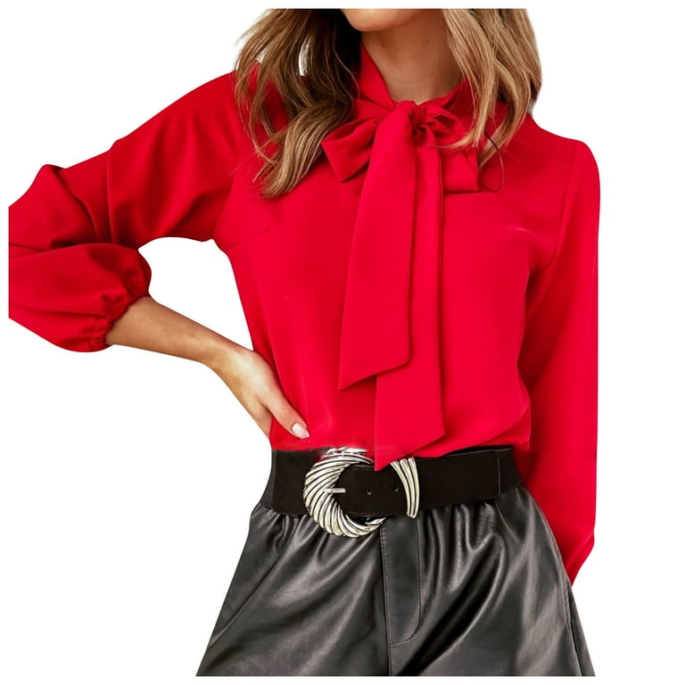HaHaHappy Women s Fashion Chiffon Shirt Bow Tie Long Sleeve Formal Blouse Solid Color Casual Fall Shirt Tops Red M