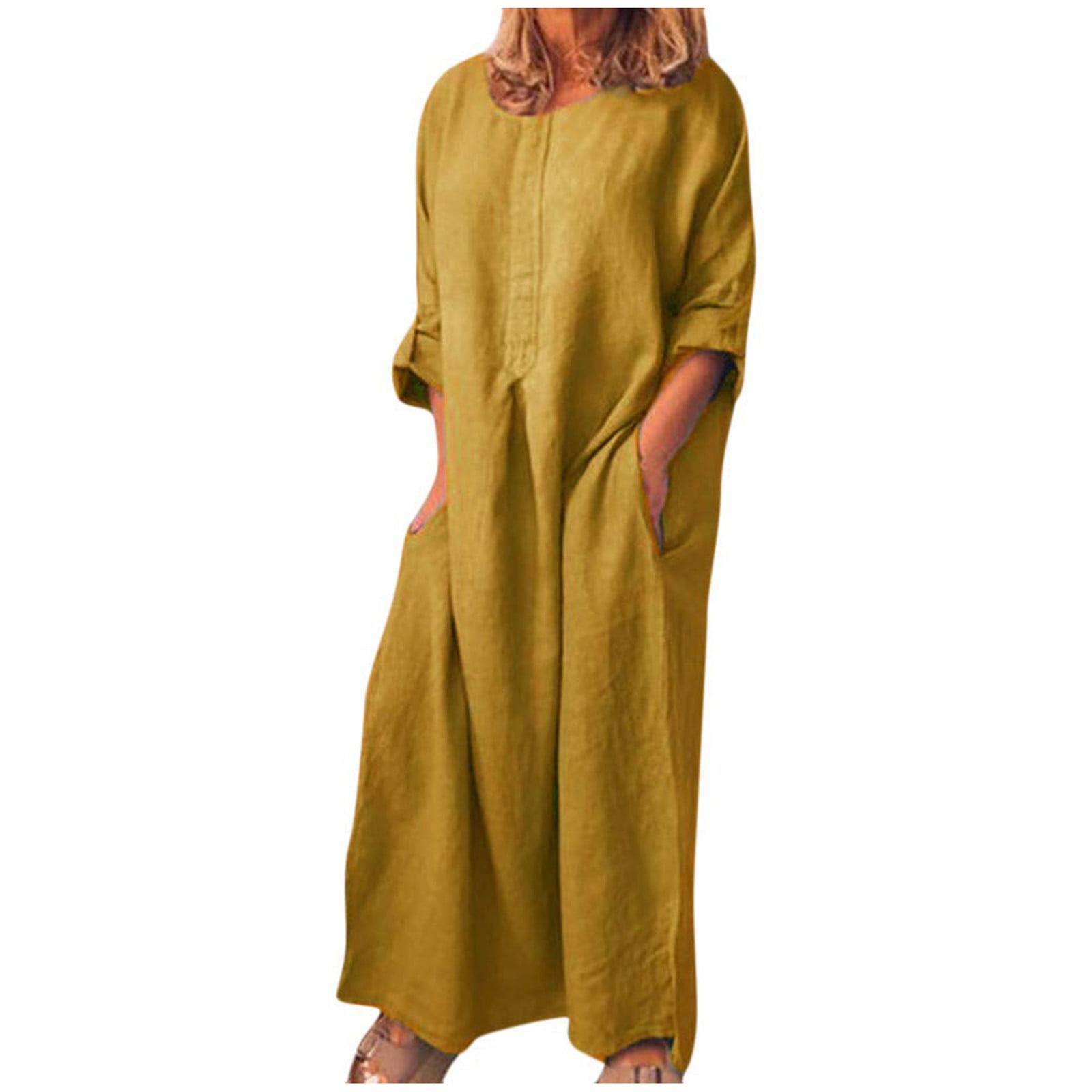 HaHaHappy Women's Maxi Dresses 3/4 Sleeve Crewneck Solid Long Dress