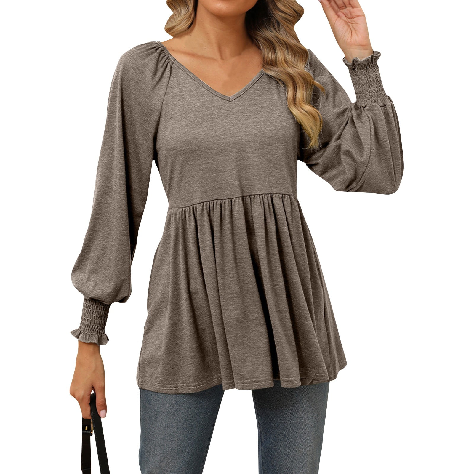 HaHaHappy Women‘s Puff Long Sleeve TShirt Scoop Neck Tops Pleated
