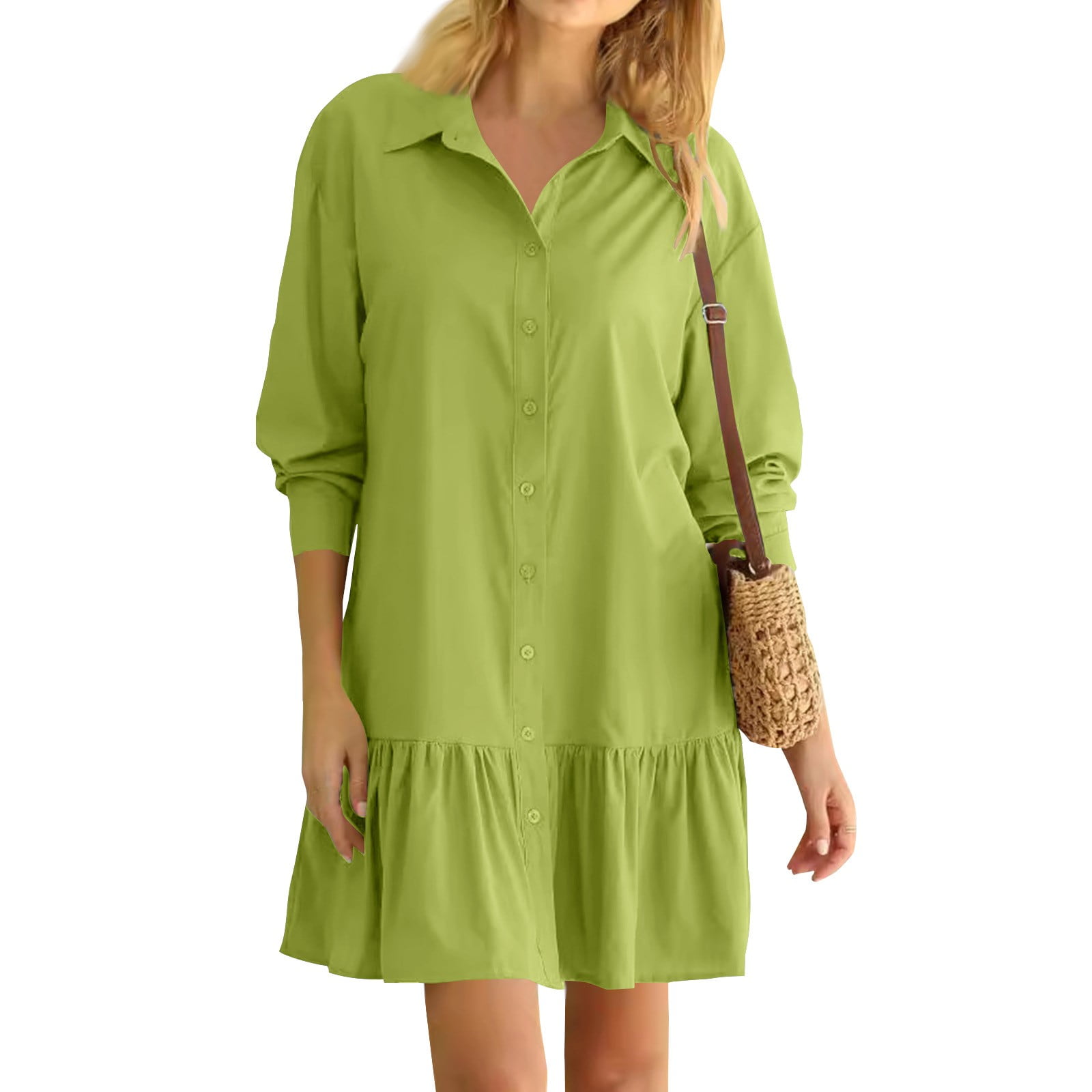 HaHaHappy Women's Shirt Dress Loose Lapel Collar Long Sleeves Button