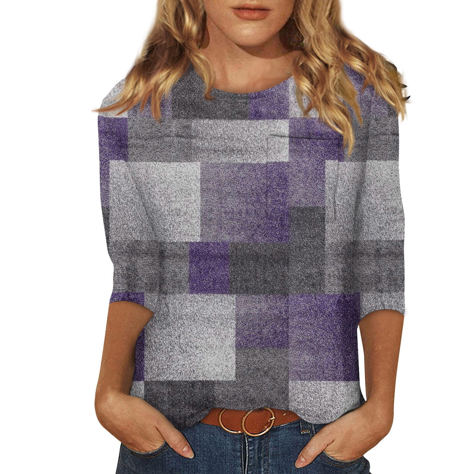 HaHaHappy Women's Tops 3/4 Sleeve Plaid Crew Neck Workout Shirts Loose