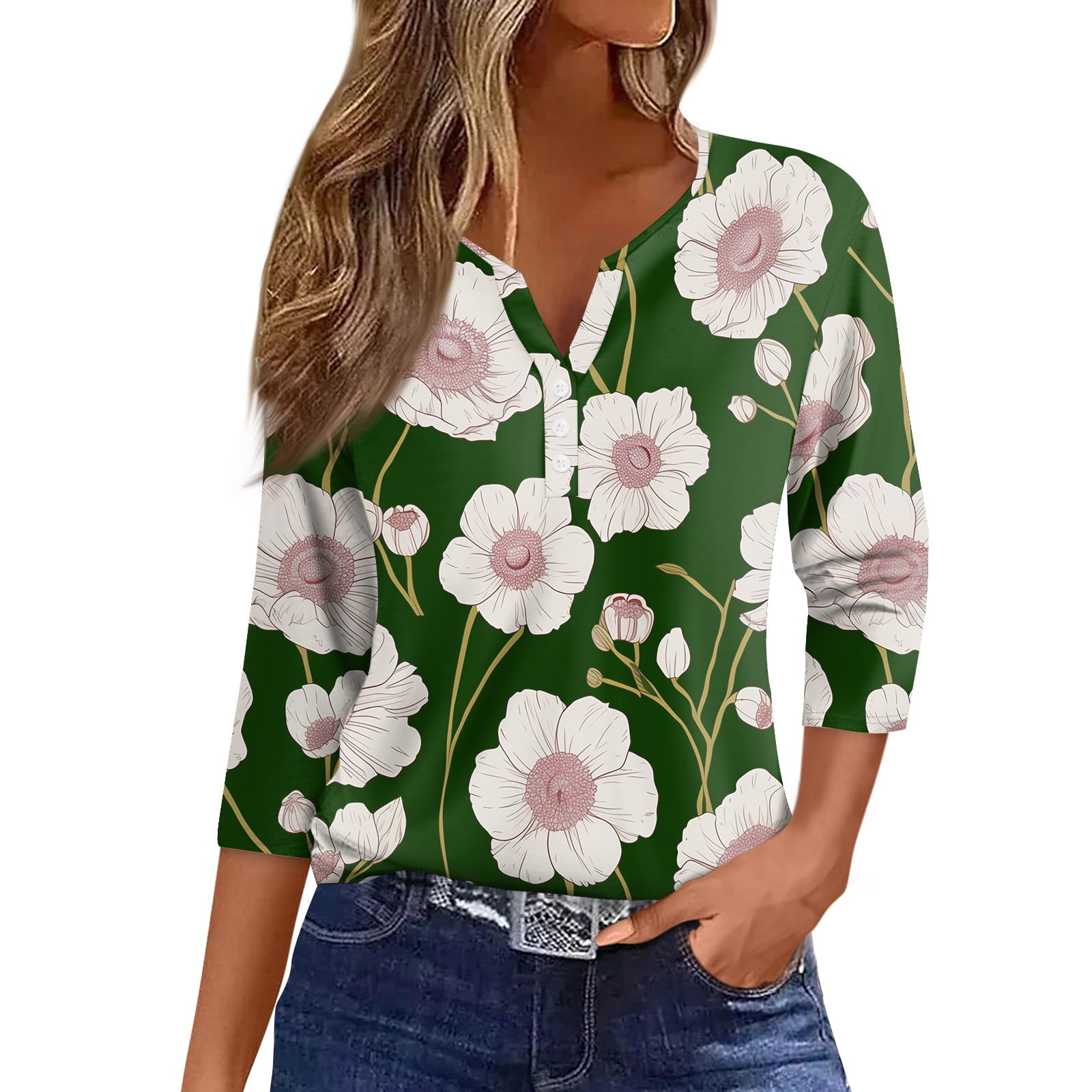 HaHaHappy Womens 3/4 Length Sleeve Tops Button Down Henley V Neck