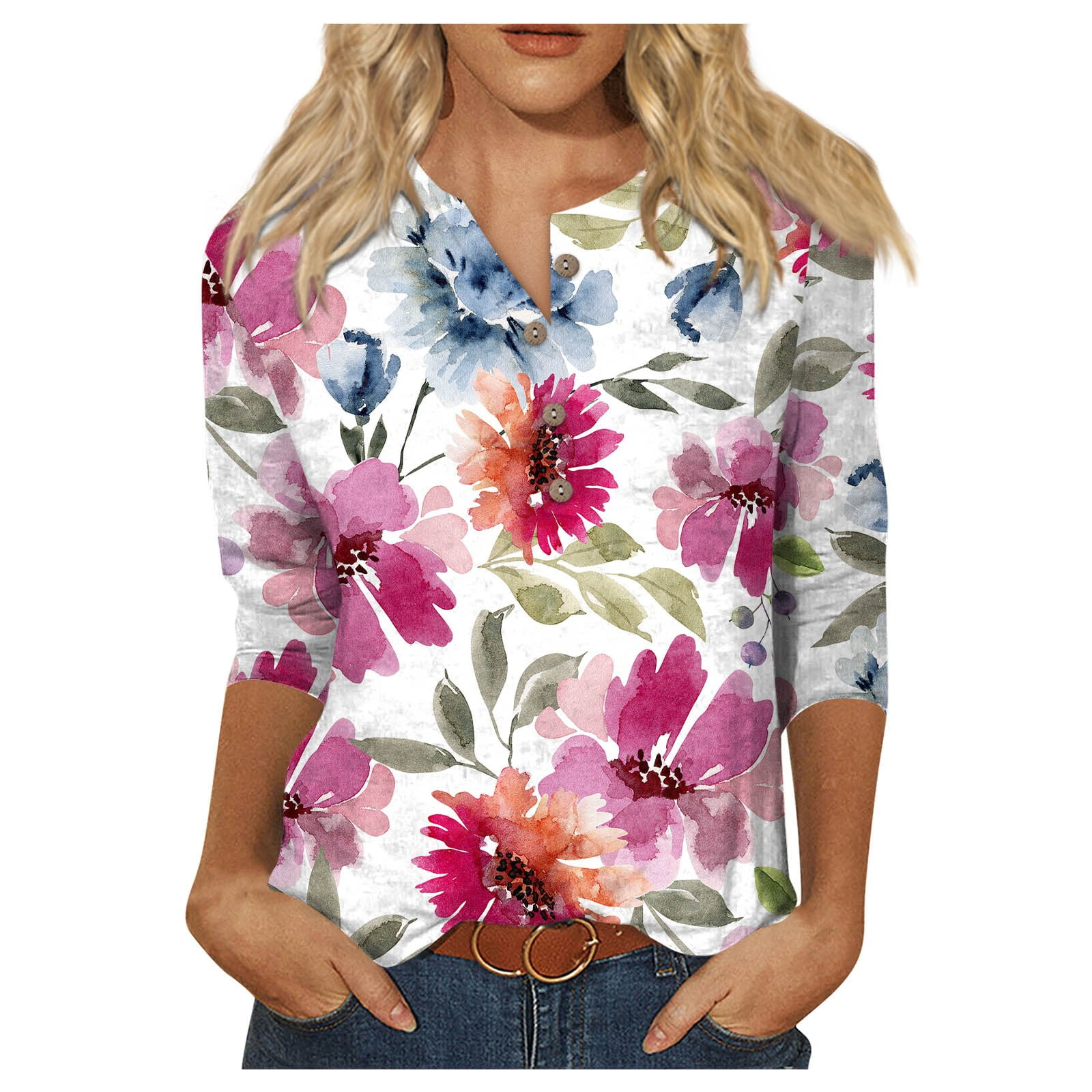 HaHaHappy Womens 3/4 Length Sleeve Tops Casual Button Down Summer Shirts Loose Fit Three Quarter