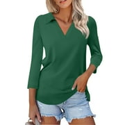 HaHaHappy Womens 3/4 Sleeve Tops V Neck Work Polo Shirts Dressy Casual Collared Blouses Three Quarter Length Tunic Tops Army Green 2XL