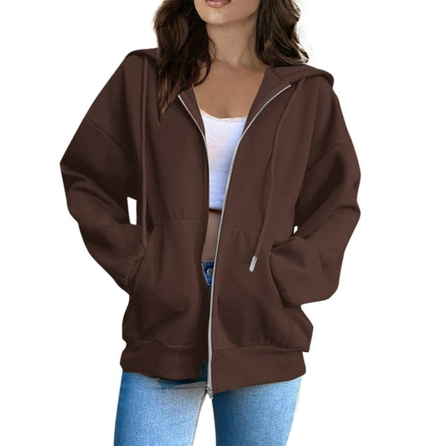 HaHaHappy Womens Casual Drawstring Zip Up Thick Hoodies Long Sleeve Fleece Sweatshirts Solid Jacket Coat with Pockets Coffee S