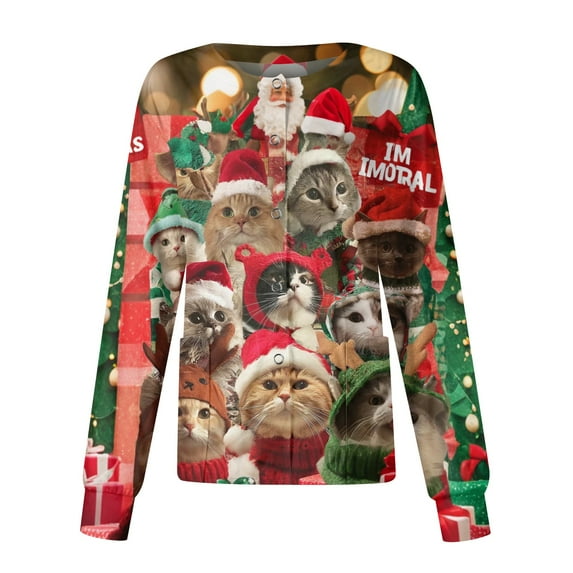 HaHaHappy Womens Christmas Scrub Jackets Plus Size Long Sleeve Funny Christmas Print Scrub Tops Casual Snap Front Dressy Scrubs Medical Workwear Nursing Uniform with Pocket Red S